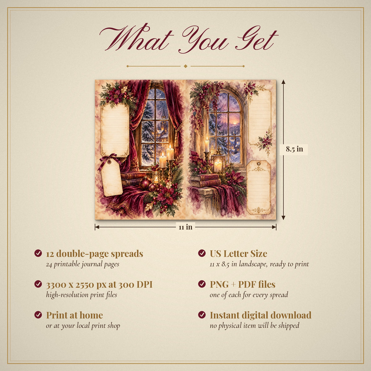 What you get: 12 US Letter Size double-page spreads, 300 DPI PNG and PDF, instant download