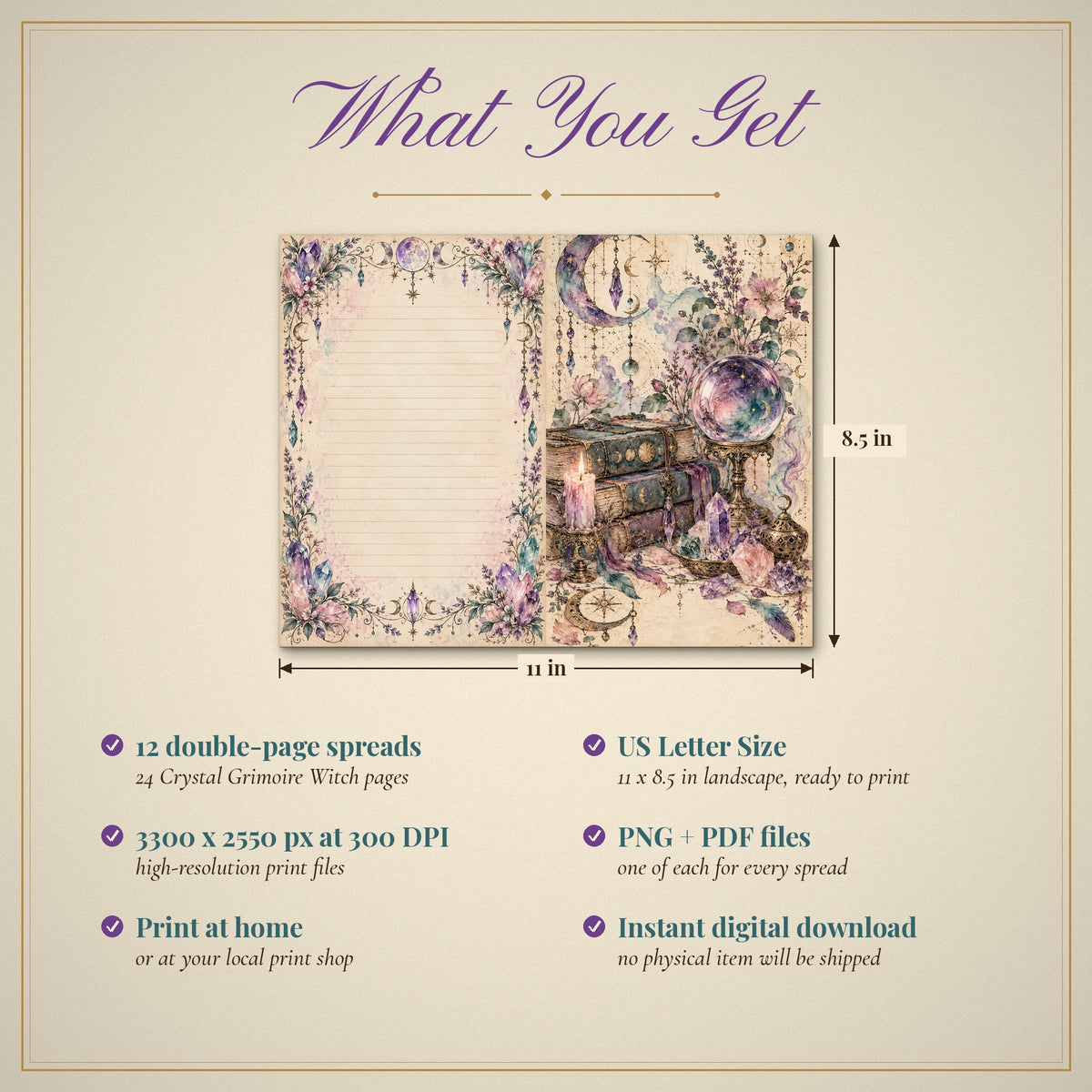 What you get: 12 US Letter Size double-page spreads, 300 DPI PNG and PDF, instant download