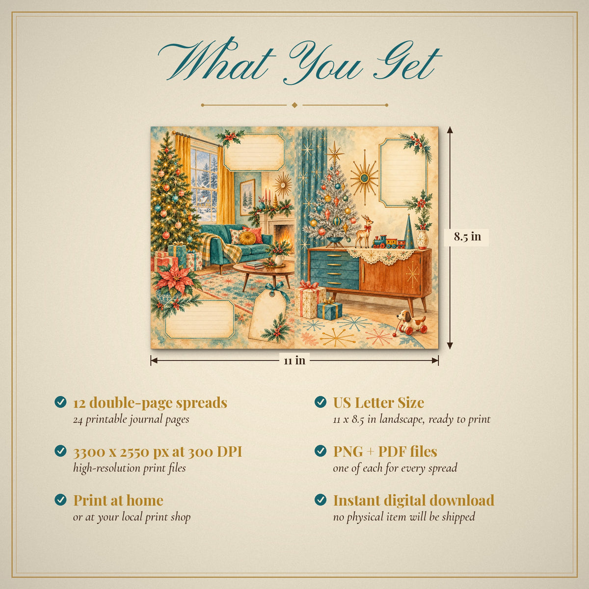 What you get: 12 US Letter Size double-page spreads, 300 DPI PNG and PDF, instant download
