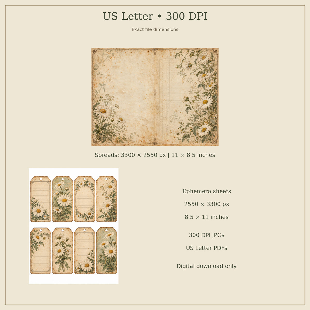 Vintage Daisy Junk Journal Kit - 15 Double-Page Spreads + 6 Ephemera Sheets