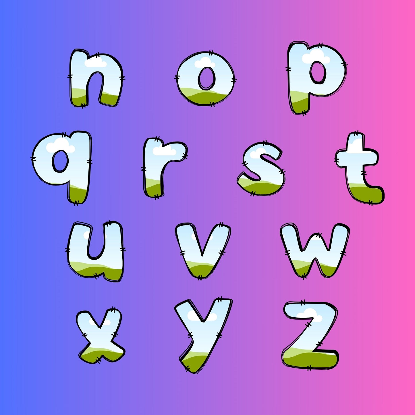 CANVA Doodle Letters - Drag and Drop Frames - Groovy Retro Doodle Fillable Alphabet Font Letters PNG Canva Frame Alphaset Doodle Templates