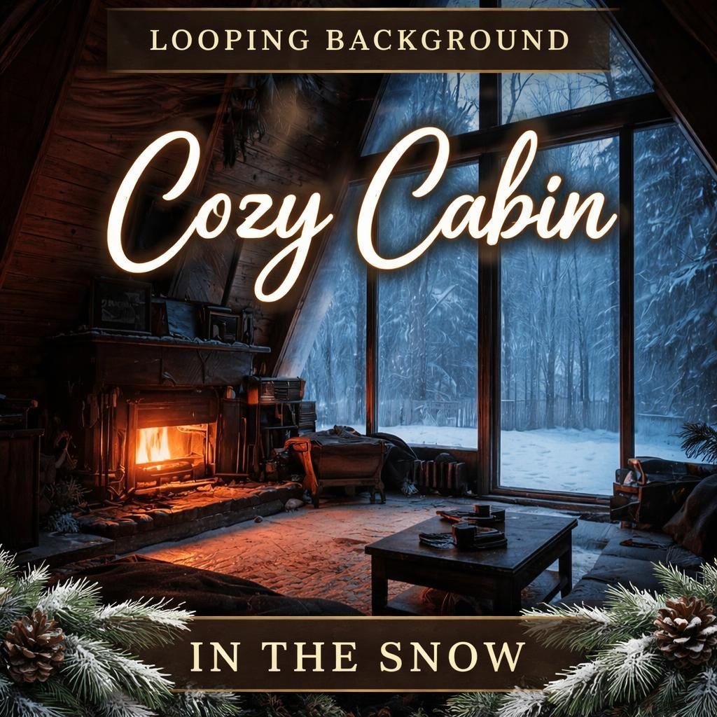Cozy Cabin Fireplace Winter looping animated video background, still frame 2