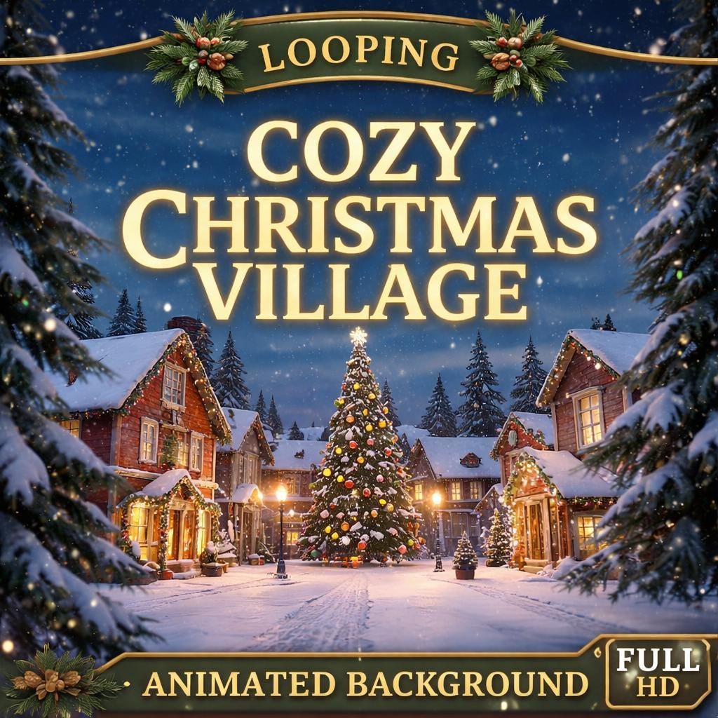 Christmas background loop | Cozy winter village snow video | Animated motion background for ambience and holiday scenes