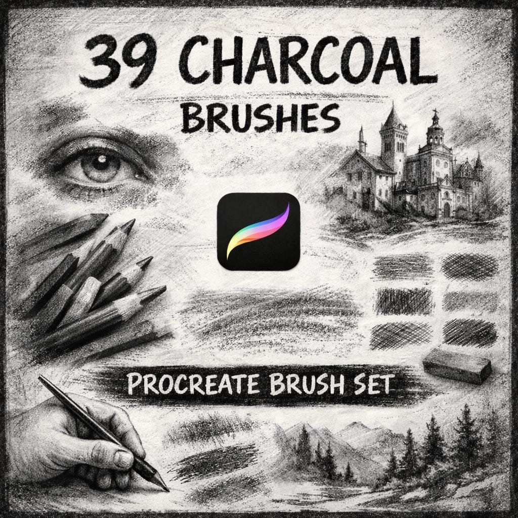39 Charcoal Procreate Brushes, Sketch, Shading, Texture (Digital Download)