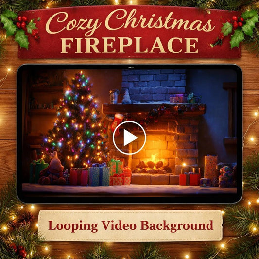 Christmas fireplace tree loop video | cozy lo-fi ambience, nature forest backdrop | animated motion background for streaming & de