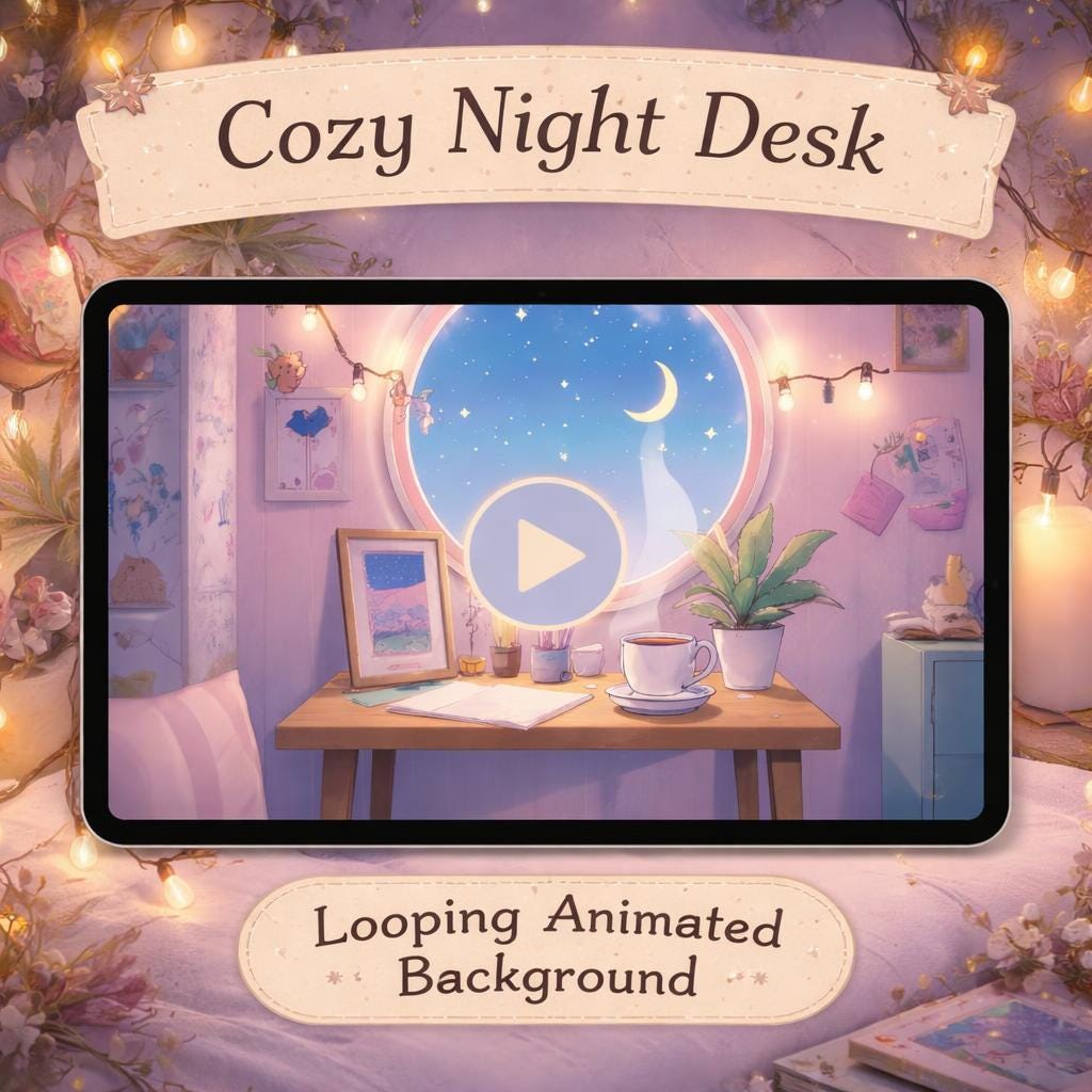 Animated background loop | Cozy moonlit desk window, lofi kawaii vibe | Study, streaming, YouTube, VTuber scenes