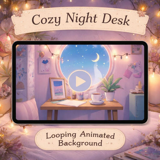 Animated background loop | Cozy moonlit desk window, lofi kawaii vibe | Study, streaming, YouTube, VTuber scenes
