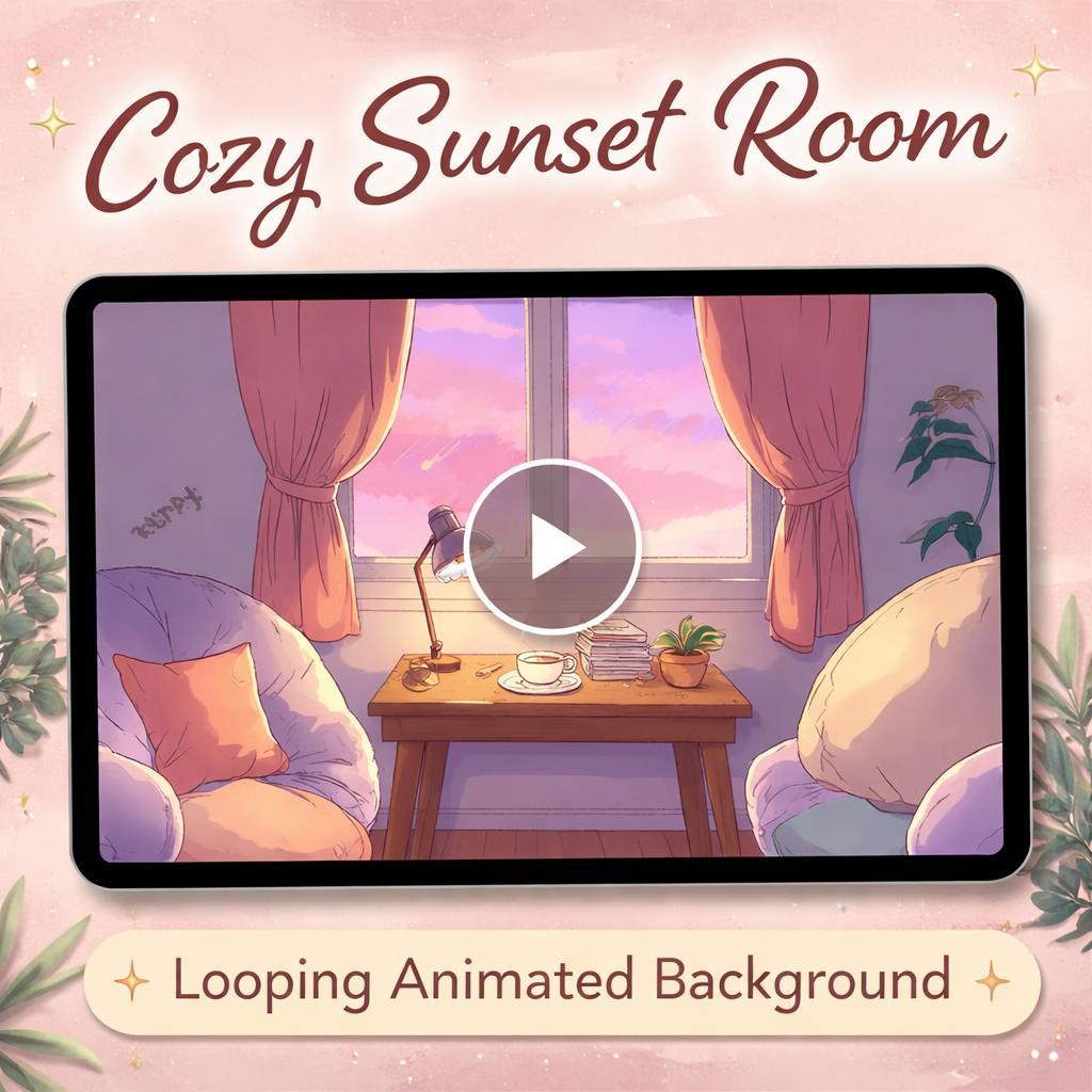 Animated Cozy Sunset Coffee Background | Lofi cafe ambience loop, kawaii anime vibe | desktop video for study, work, streaming
