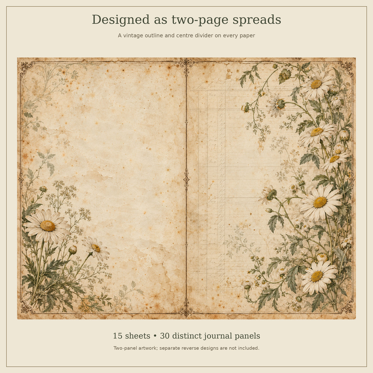 Vintage Daisy Junk Journal Kit - 15 Double-Page Spreads + 6 Ephemera Sheets