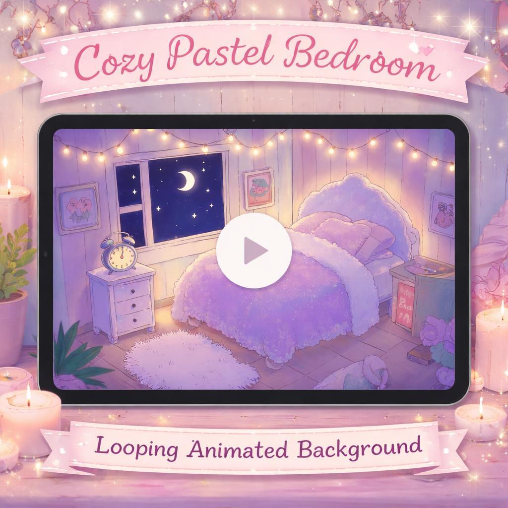 Cozy Pastel Bedroom Night Loop | Anime Kawaii background, lofi ambience | VTuber overlay, streaming, study, relaxation video