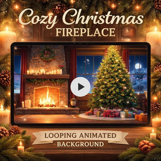 Christmas fireplace background loop | cozy lo-fi ambience, tree and nature scene | animated screen video for holiday decor