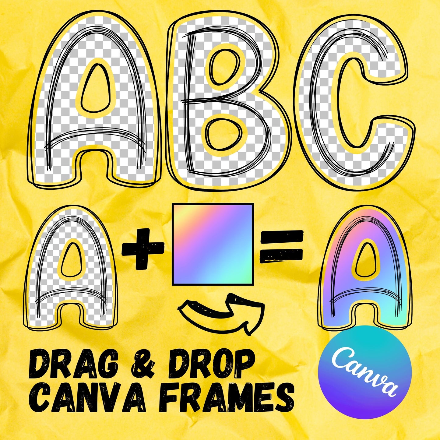 Scribble Doodle Letters - CANVA Templates, Handrawn Alphabet Font, Fillable Letters, Alphaset, Canva Frames, PNG Editable Canva Frame Design