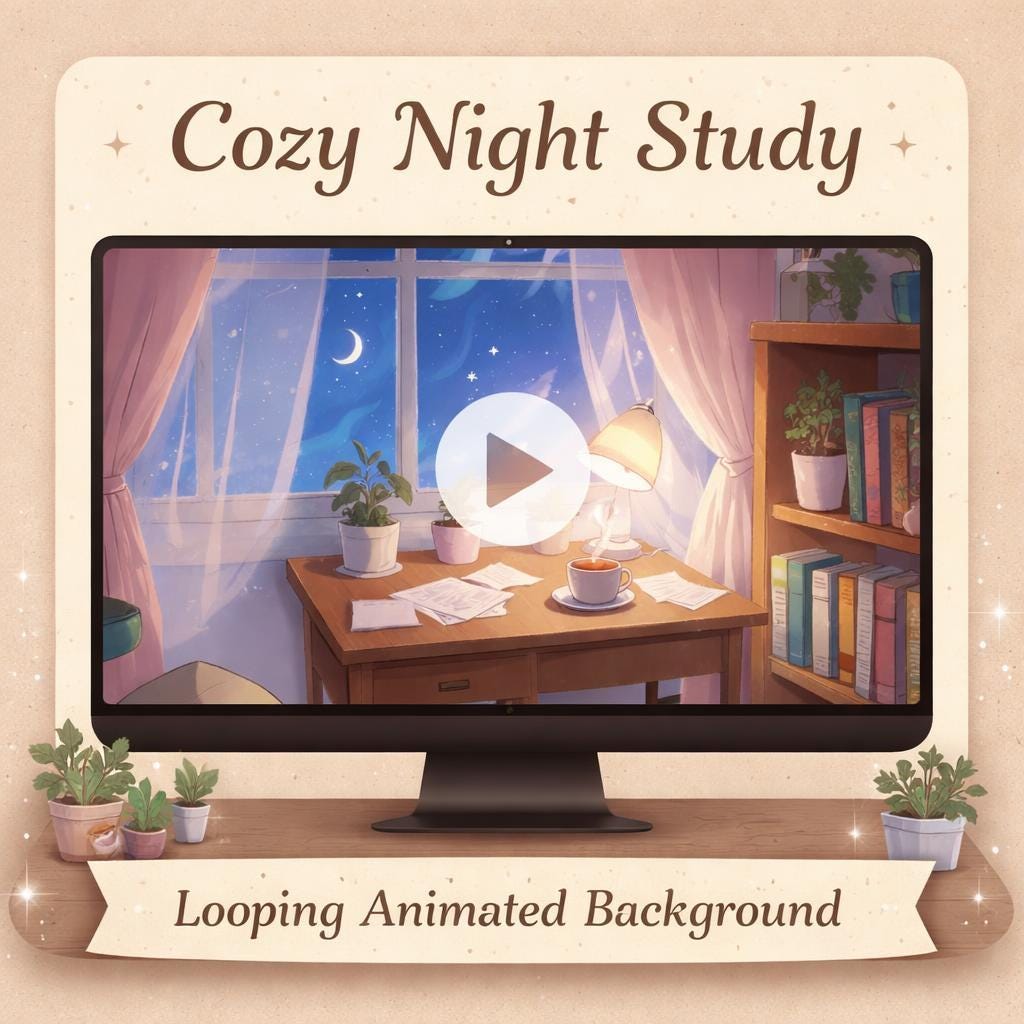 Cozy Night Study Background | Anime Kawaii Lofi Ambience Loop | Animated Video for Studying, Reading, Relaxing