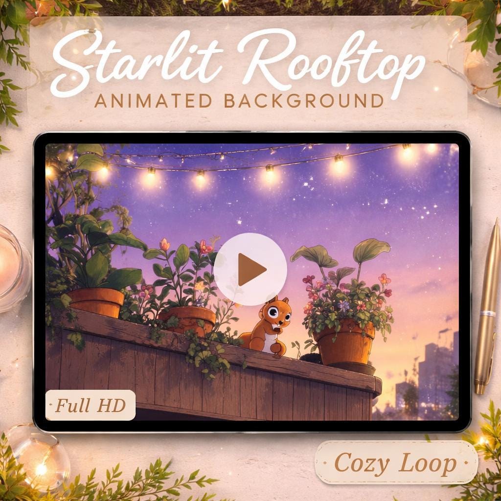 Animated Garden Background Loop | Cute Squirrel Rooftop Kawaii Aesthetic | Nature Anime Video for Streams and Overlays