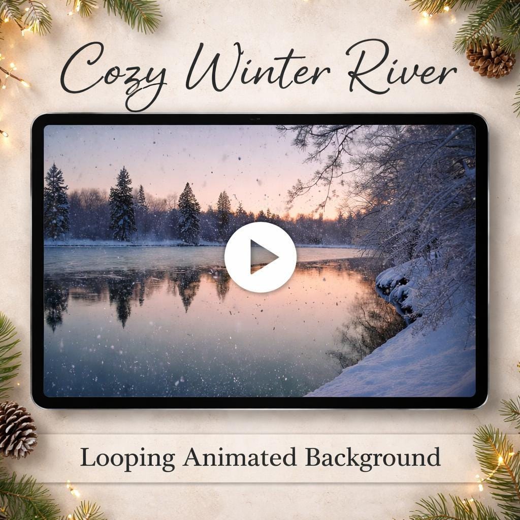Snowy Winter River Loop Video | Calming nature background, cozy ambience, snowy video | Relaxation, streaming, screensaver