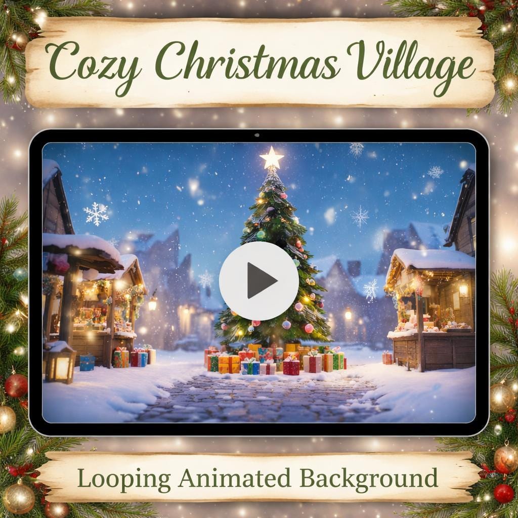 Christmas tree snow loop animation | Winter forest background, cozy ambience | Seamless Christmas video for screens and events