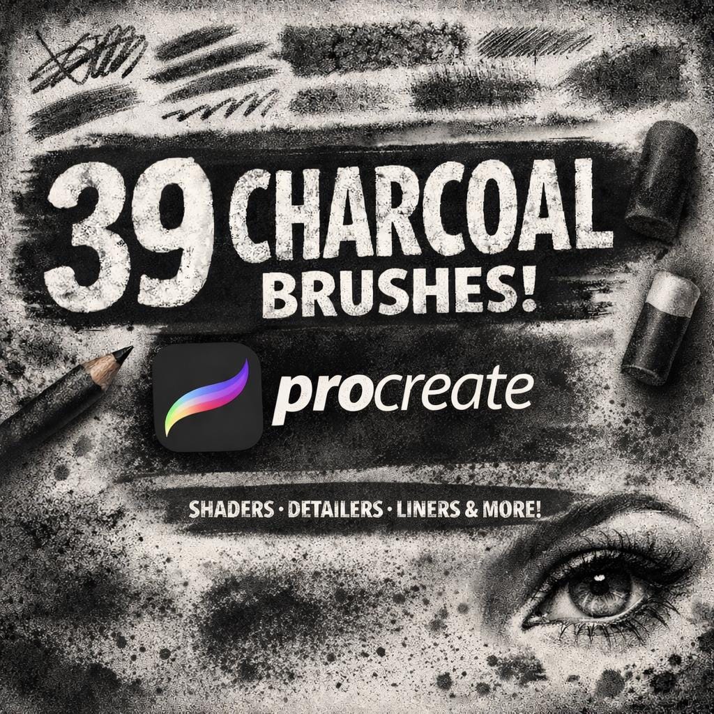 39 Charcoal Procreate Brushes, Sketch, Shading, Texture (Digital Download)