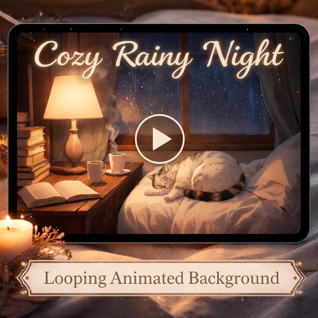Cozy rainy night background loop | Cute cat, lofi ambience, seamless abstract | Relax, study, streaming visuals