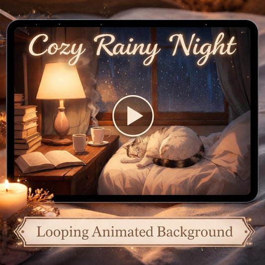 Cozy rainy night background loop | Cute cat, lofi ambience, seamless abstract | Relax, study, streaming visuals