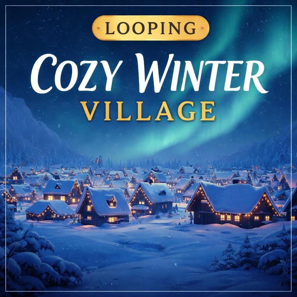 Northern Lights Winter Village Loop | Cozy snow animated background | Christmas ambience video for decor, streams, parties