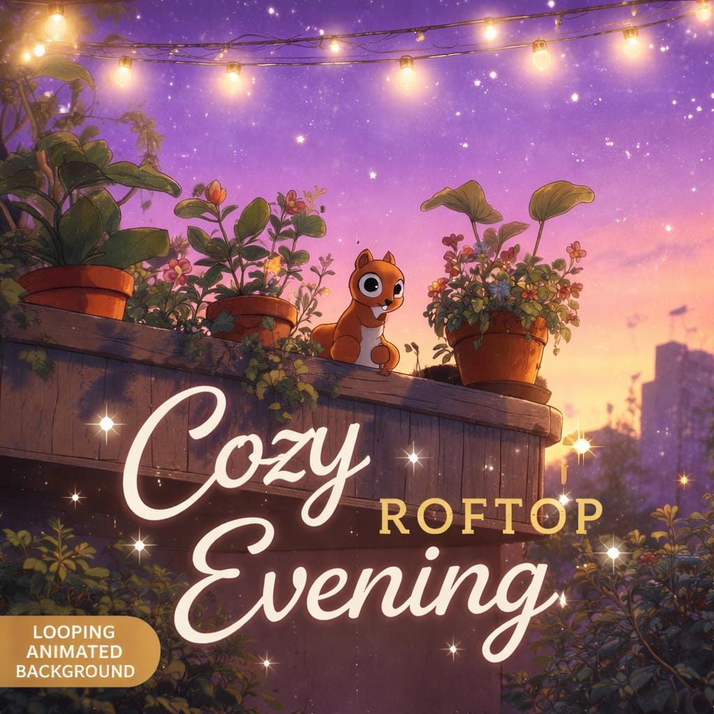 Animated Garden Background Loop | Cute Squirrel Rooftop Kawaii Aesthetic | Nature Anime Video for Streams and Overlays