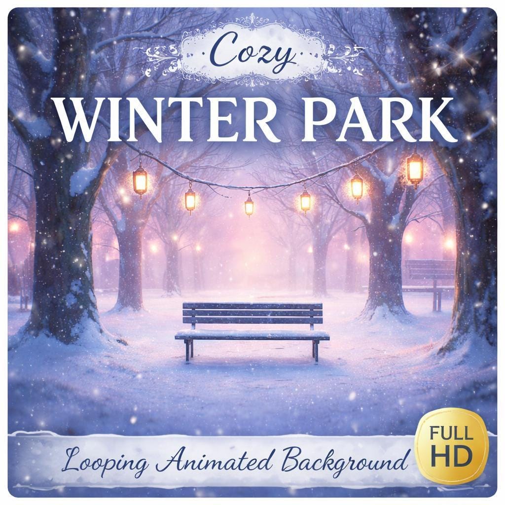 Winter Snowy Park Loop Animation | Cozy ambience background, animated snow video | Relax, streaming, Christmas decor visuals