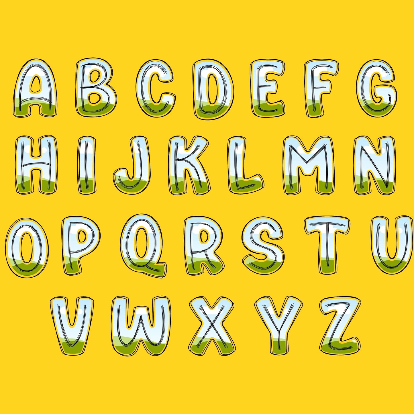 Scribble Doodle Letters - CANVA Templates, Handrawn Alphabet Font, Fillable Letters, Alphaset, Canva Frames, PNG Editable Canva Frame Design