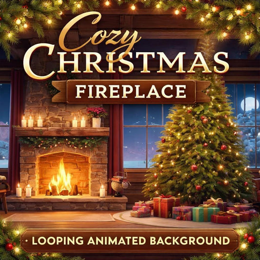 Christmas fireplace background loop | cozy lo-fi ambience, tree and nature scene | animated screen video for holiday decor