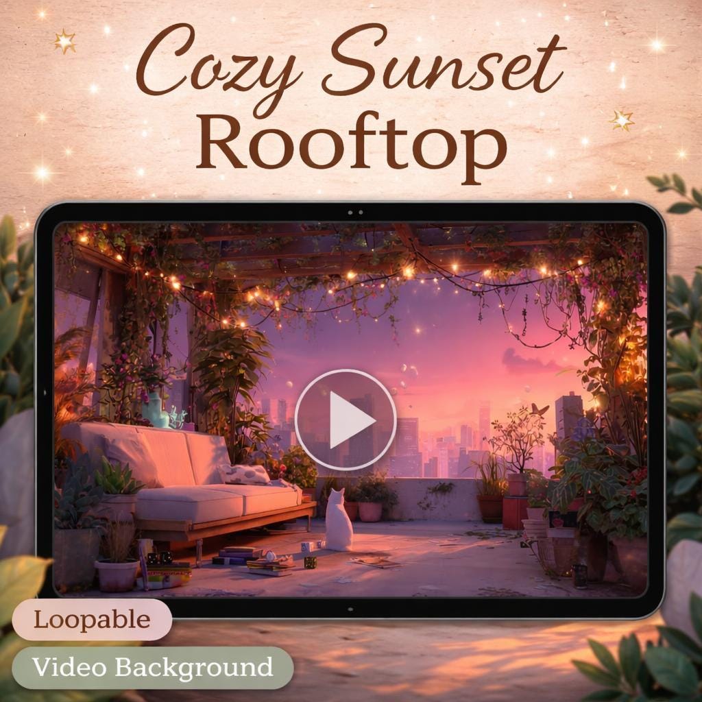 Sunset City Rooftop Loop | Neon rain city background, cute cat, cozy lo-fi | Animated video for streams, study, ambience