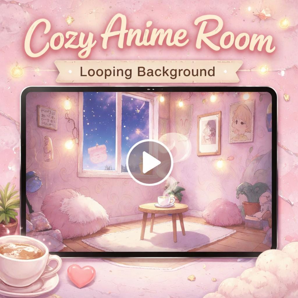 Anime Background Loop | Cozy Bedroom Ambience, Lofi Room | VTuber Background Video, Animated Cozy Loop