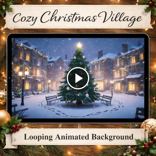 Christmas background loop | Snowy town tree video animated backdrop | Cozy winter nature forest ambience for screens and events