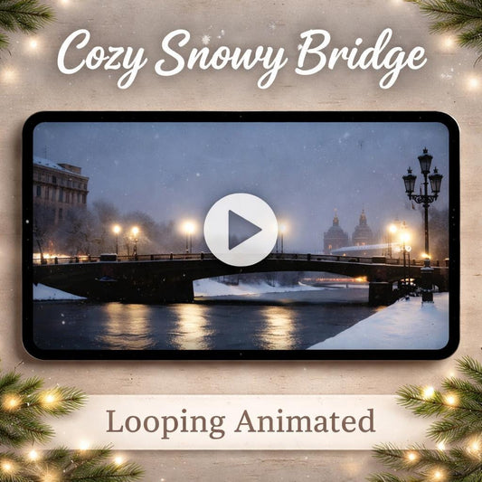 Snowy Winter City Bridge Loop | Cozy snowy background, neon city ambience, gentle snow loop video | Christmas decor, streams, ASMR