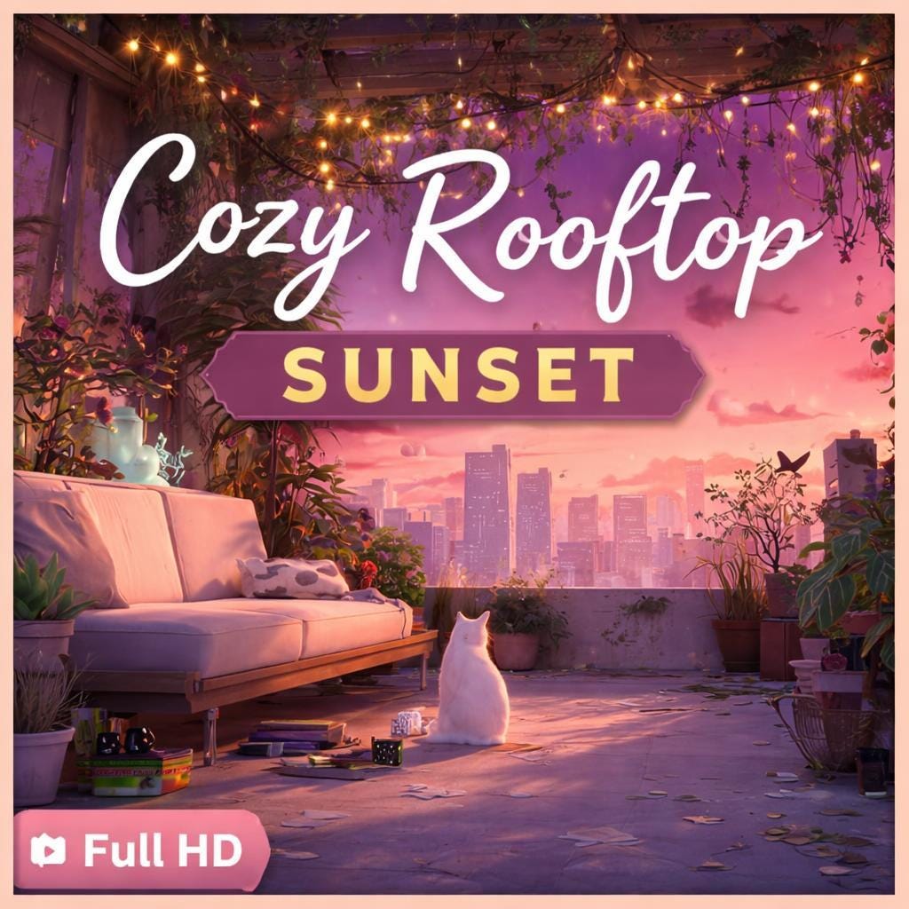 Sunset City Rooftop Loop | Neon rain city background, cute cat, cozy lo-fi | Animated video for streams, study, ambience