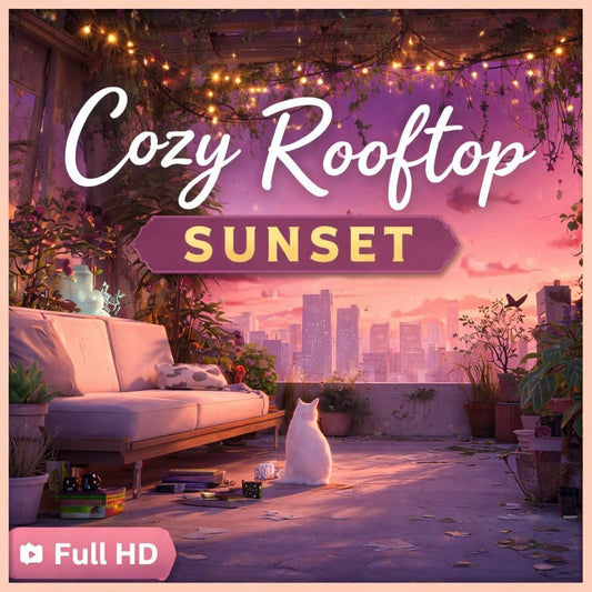 Sunset City Rooftop Loop | Neon rain city background, cute cat, cozy lo-fi | Animated video for streams, study, ambience