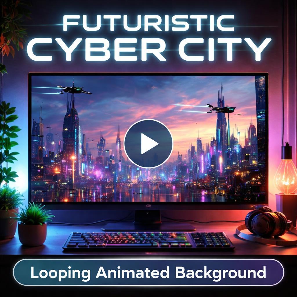 Cyberpunk neon city background | Seamless skyline loop, rain ambience | Animated video backdrop for streams, VJ, screens