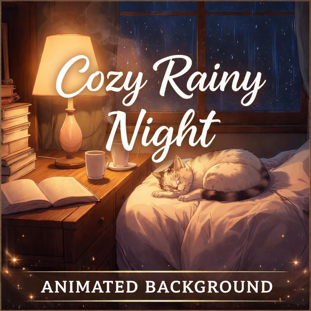 Cozy rainy night background loop | Cute cat, lofi ambience, seamless abstract | Relax, study, streaming visuals
