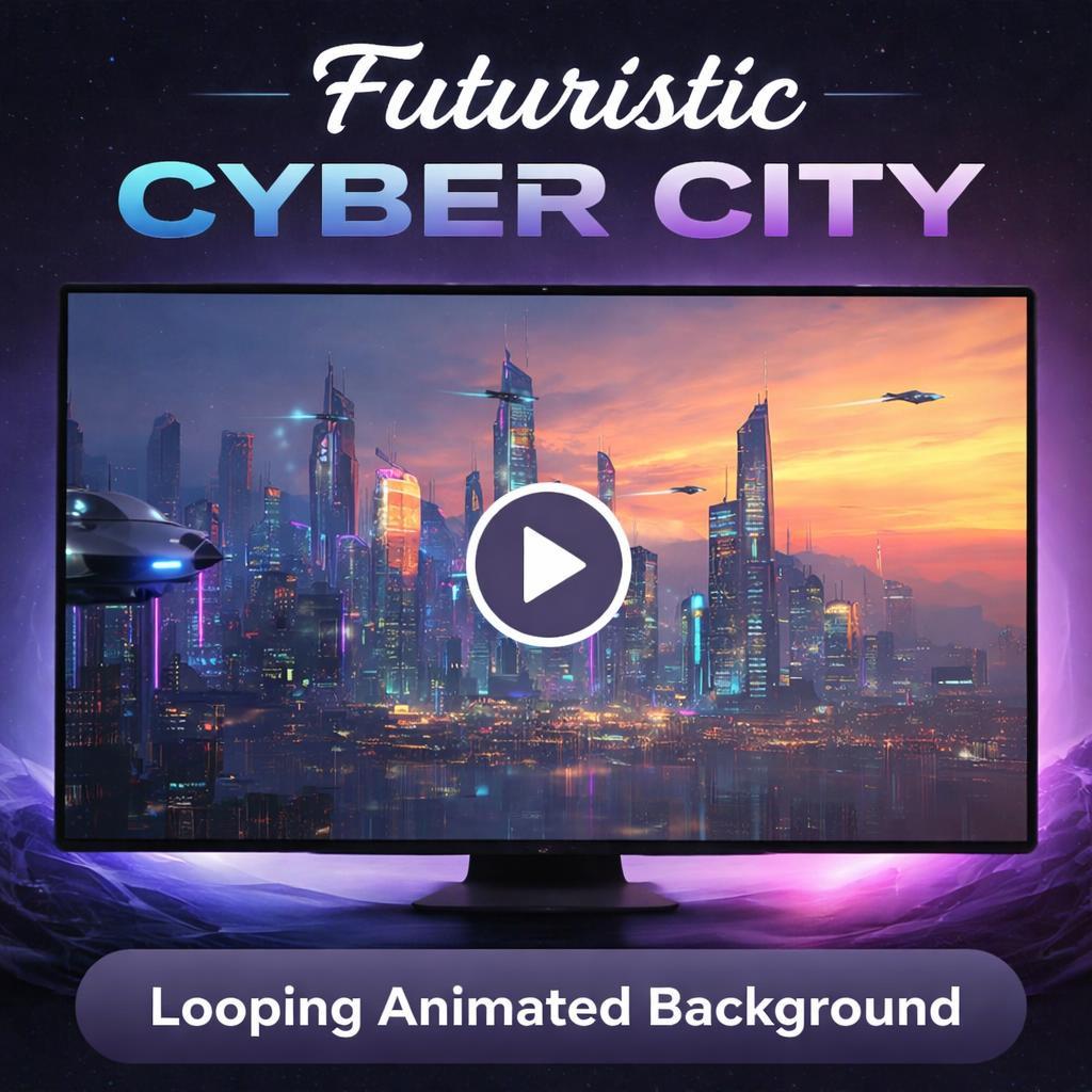 Cyberpunk City Background | Futuristic neon skyline with flying cars, rainy atmosphere | Animated loop video for streams & VJ