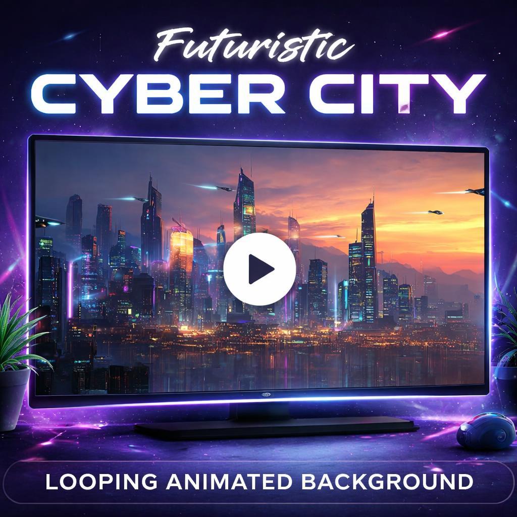 Futuristic Neon City Skyline Loop | Cyberpunk Background, Rain Night Cityscape | Seamless Animated Video for VJ, Stream, Overlay