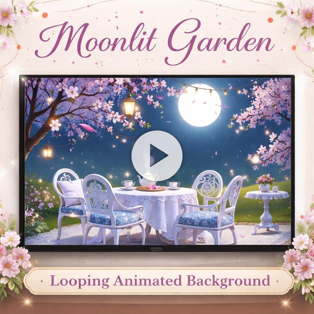 Sakura Background Loop | Moonlit Garden Animated Backdrop, Cozy Ambience Nature Video | Aesthetic Lofi Tea Room Scene