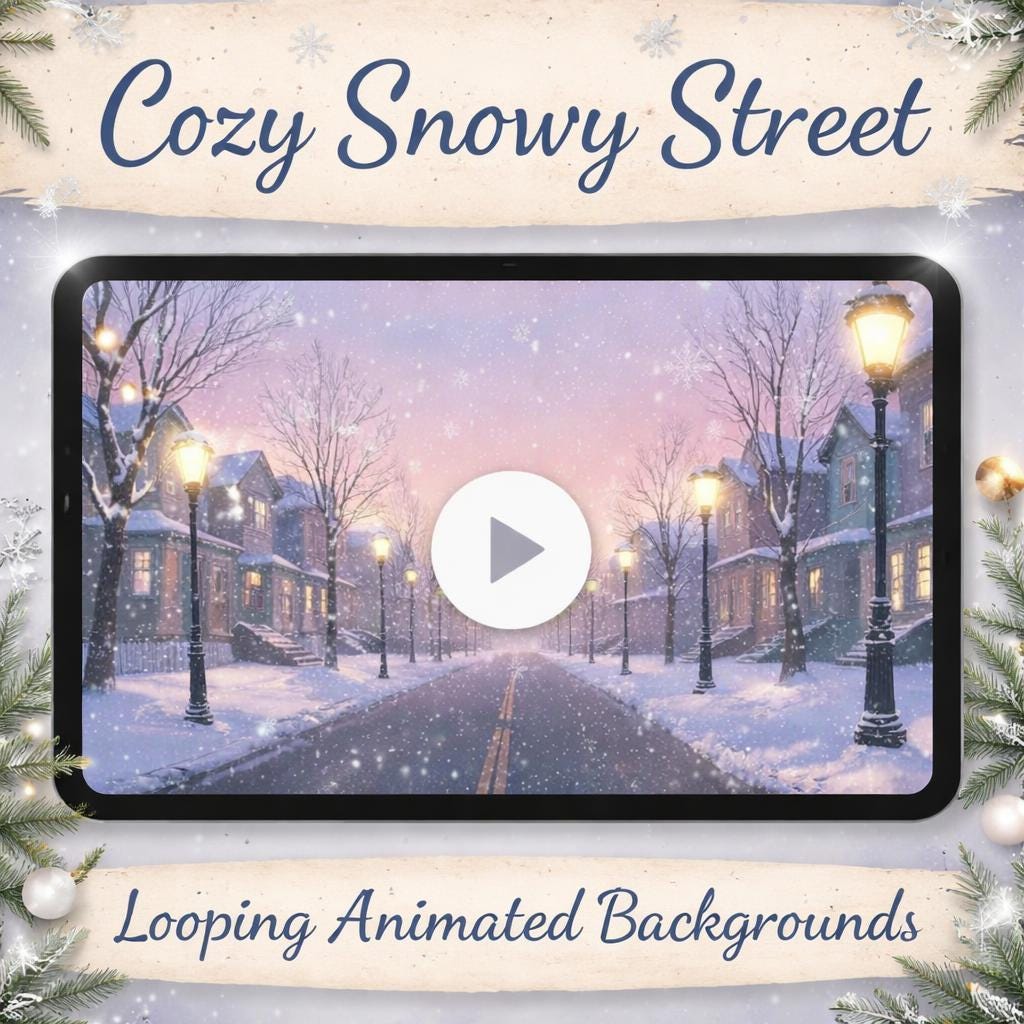 Snowy Winter Street Loop Animation | Animated background, cozy ambience, winter video | Snow loop for streams, overlays, decor