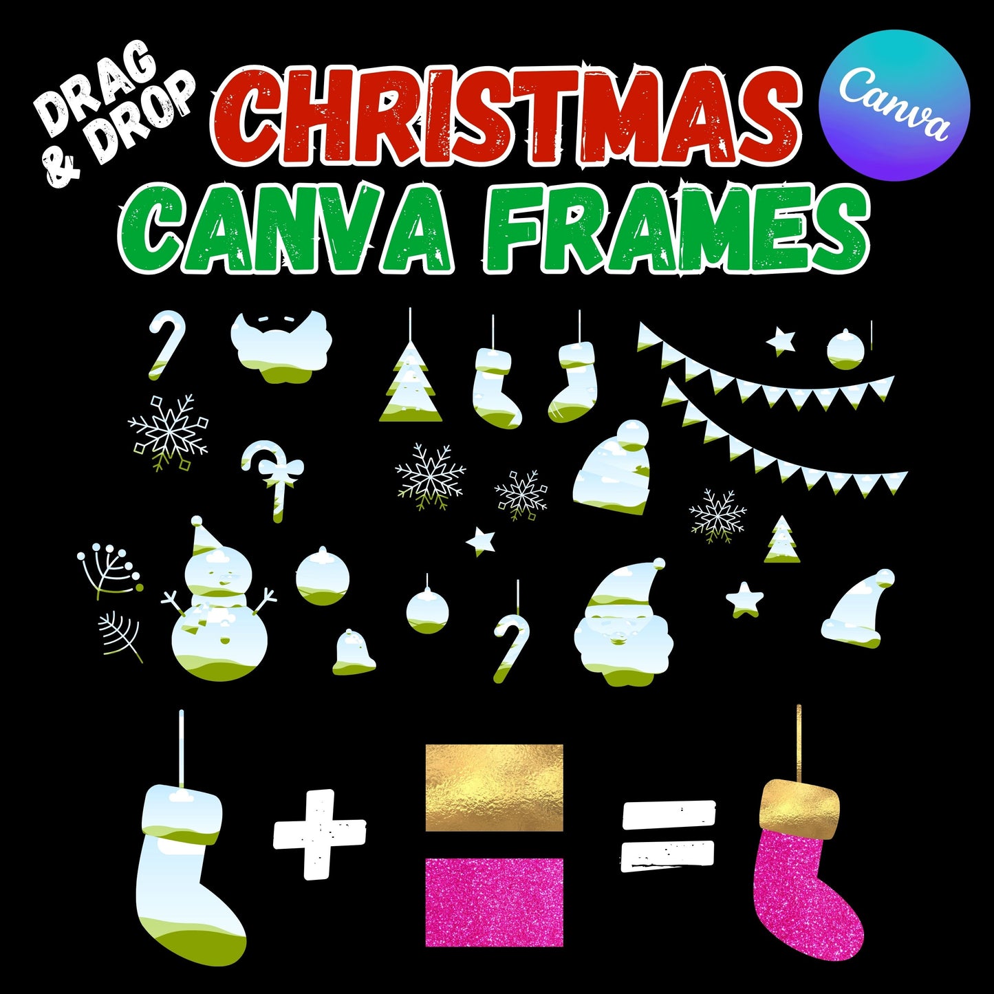 Christmas Canva Frames - Drag and Drop Christmas Shapes - Canva Templates PNG Designs - Christmas SVG Editable Canva Frame Templates