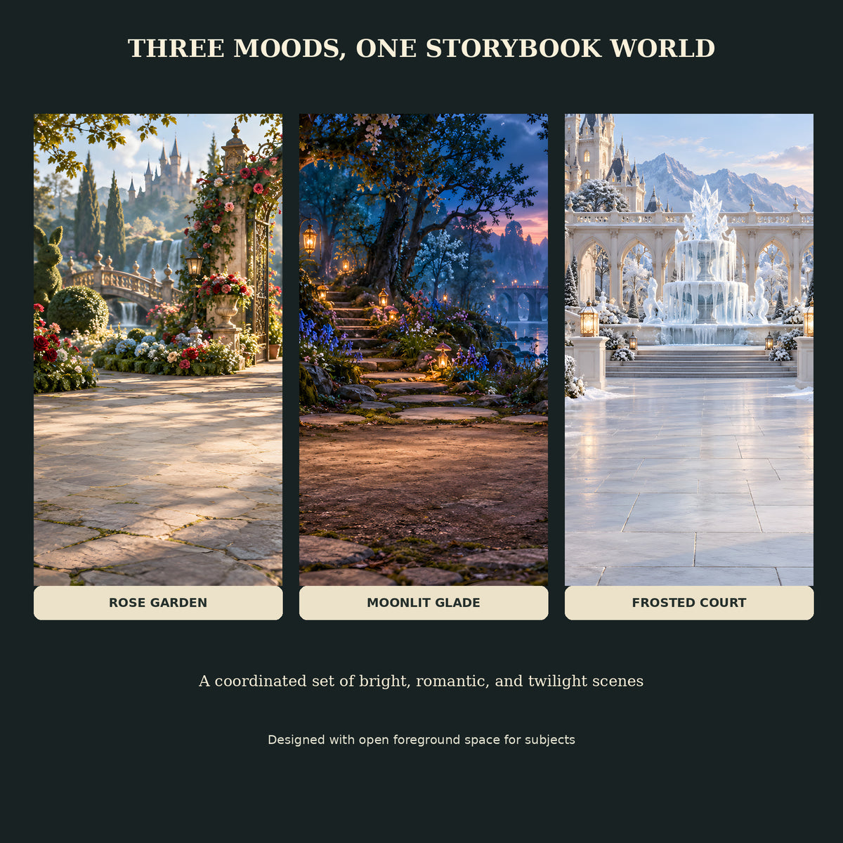 Three sample scenes: rose garden, moonlit glade and frosted court