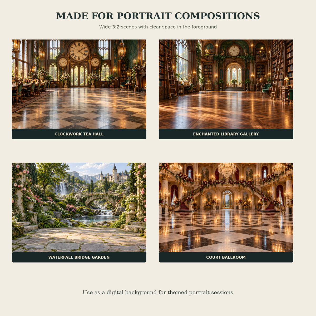 Four backdrop previews composed for portrait photography