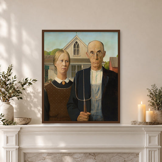 American Gothic by Grant Wood — walnut frame, mantel lean mockup