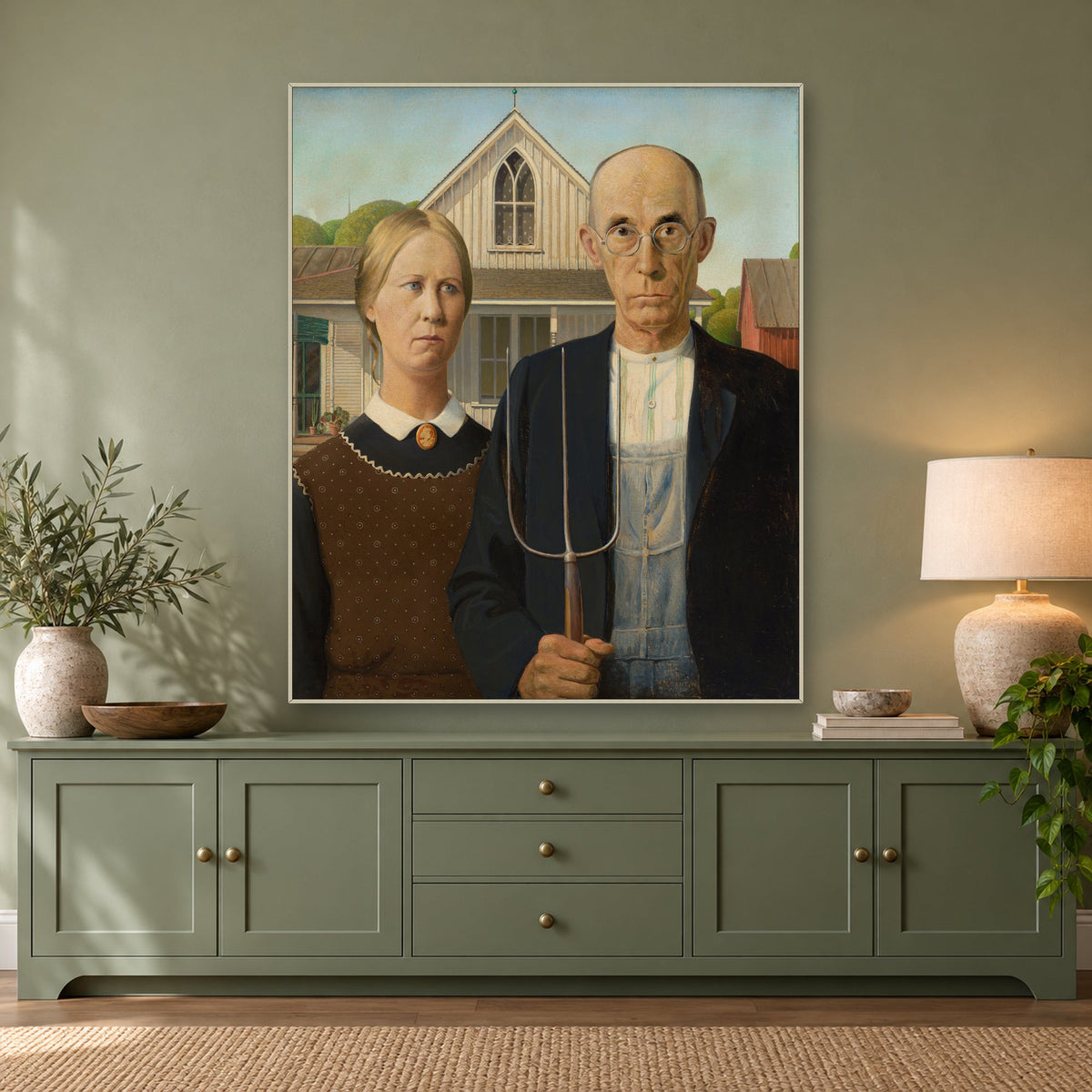 American Gothic by Grant Wood — canvas wrap frame, sideboard with lamp mockup