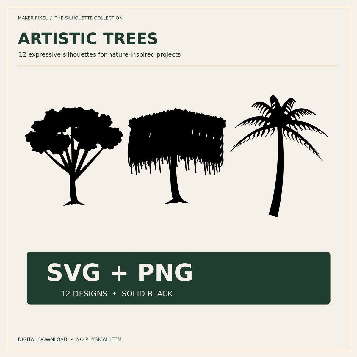 Artistic Trees SVG + PNG, 12 black tree silhouettes