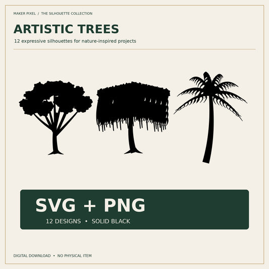 Artistic Trees SVG + PNG, 12 black tree silhouettes