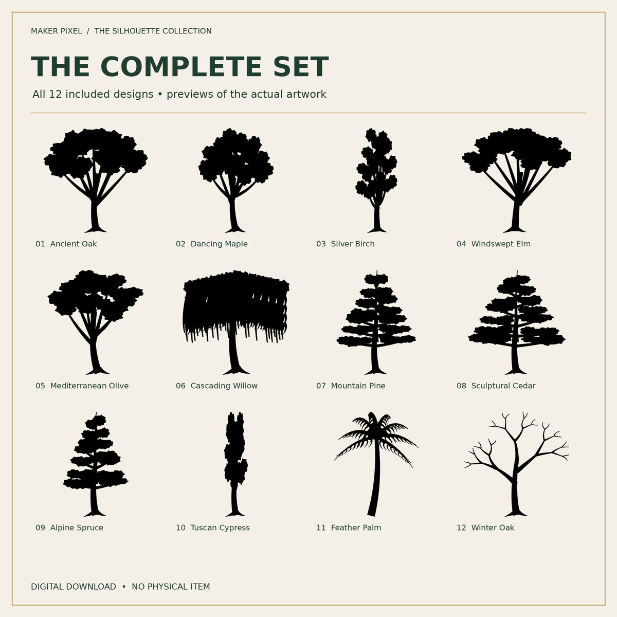 All 12 included tree designs
