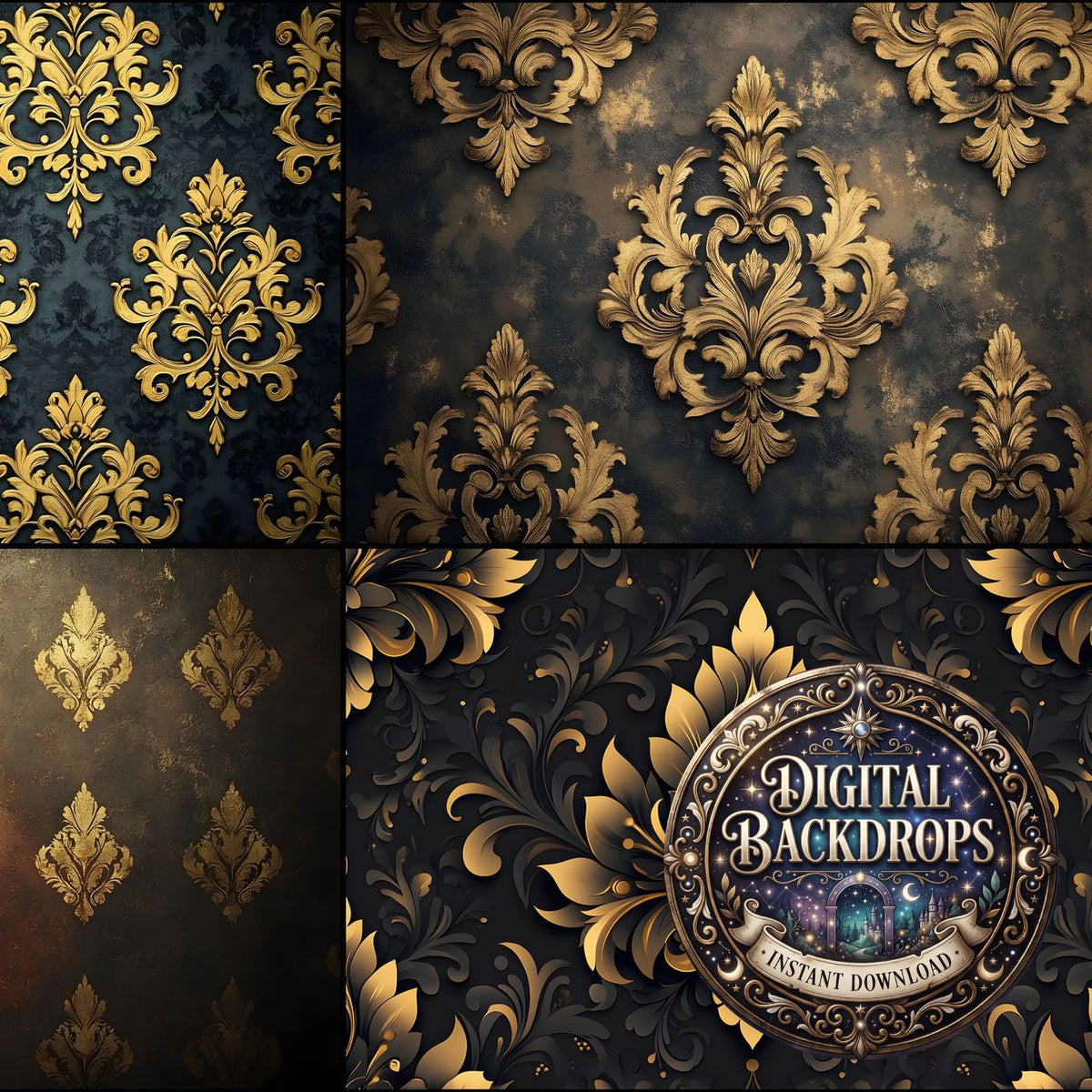 Baroque Damask Gold digital photography backdrops, preview of the downloadable set