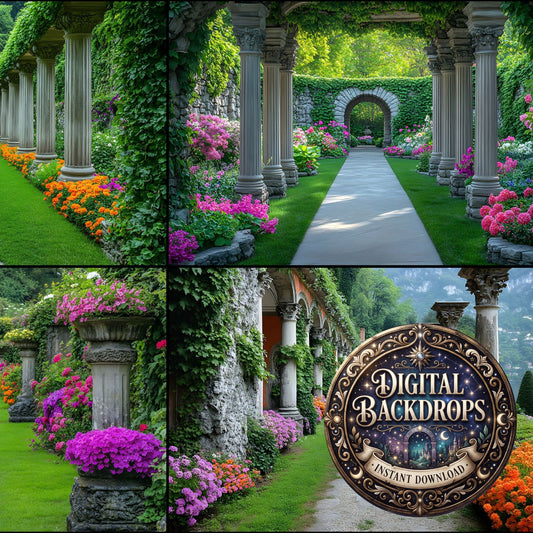 Baroque Garden Stone Columns floral digital photography backdrops, preview of the downloadable set